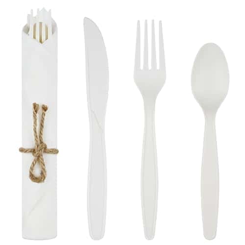 Pre Rolled Napkin Cutlery Set - Compostable Utensils 8" Large Disposable Utensils Wrapped Forks Knives Spoons Napkins Cornstarch Biodegradable Silverware Cutlery for Party (100)