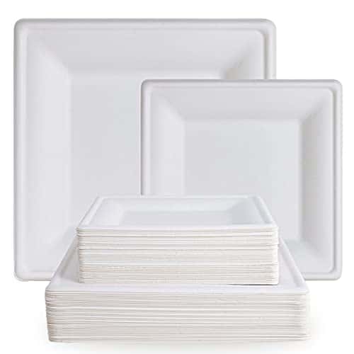 ECOLipak 120 Pack Compostable Paper Plates, 10 inch and 8 inch Heavy Duty Eco friendly Sugarcane Biodegradable Disposable Square Plates for Party Dinner Birthday