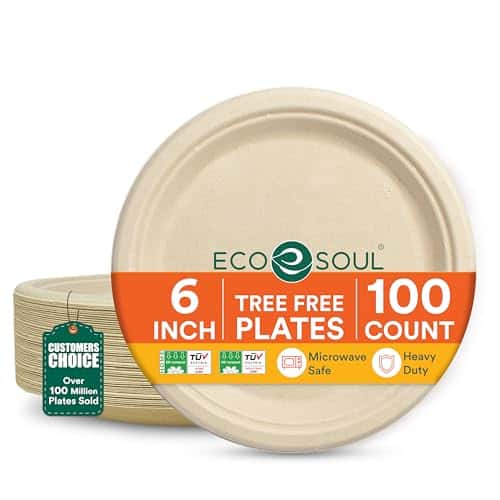 ECO SOUL Compostable Paper Plates 6 Inch (100 Count) Heavy Duty Disposable Dessert Plates, Eco-Friendly Sugarcane Bagasse Small Plates For Appetizer- Natural Brown