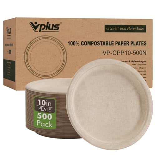 Vplus 500 Pack Compostable Disposable Paper Plates 10.25 inch Super Strong Paper Plates 100% Bagasse Natural Biodegradable Eco-Friendly Sugarcane (nature)