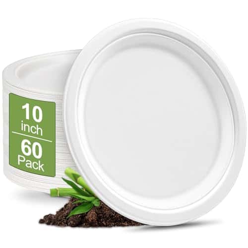 Qi Boo Heavy Duty Paper Plates 10 Inch [60 Pack - White ] Eco Friendly Compostable Dinner Plates, Biodegradable Disposable Paper Plates For Party Picnic Home Office, Sturdy Soak-proof