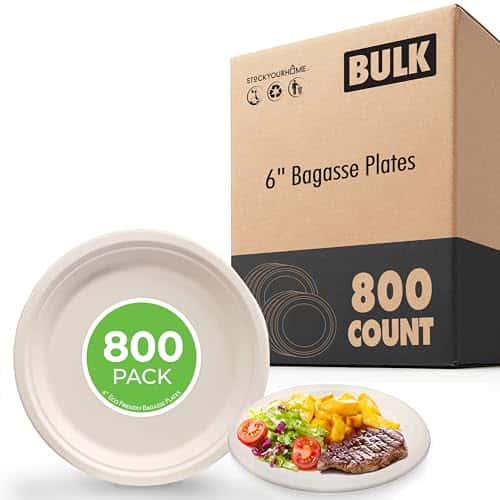 Stock Your Home Compostable Paper Plates 6 Inch (800 Pack), Eco Friendly Biodegradable Disposable Plates Made from Sugarcane Fiber