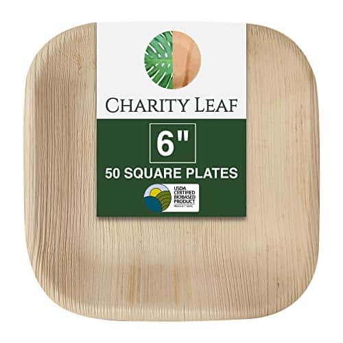 Charity Leaf Disposable Palm Leaf 6" Square Plates (50 pieces) Bamboo Like Serving Platters, Disposable Boards, Eco-Friendly Dinnerware For Weddings, Catering, Events