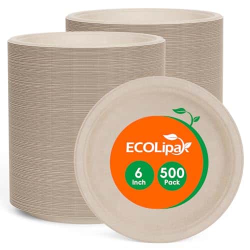 ECOLipak 6 Inch Disposable Compostable Small Paper Plates, 500 Pack Recycled Sugarcane Bagasse Biodegradable Heavy Duty Mini Dinner Appetizer Cake Dessert Plates for Party(Nature)