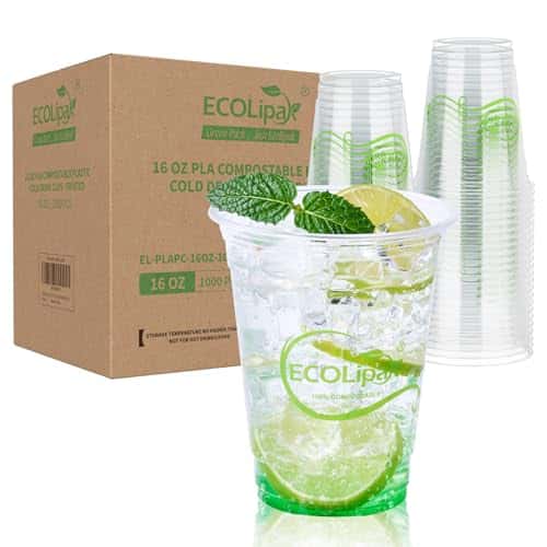ECOLipak 1000 Count 16 OZ Clear Compostable Plastic Cups, Disposable Plant-Based Biodegradable Drinking Party Cups, PLA Plastic Cold Tumblers for Restaurant, Office, Canteen, Large Gathering
