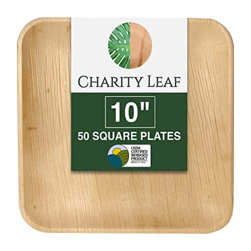 Charity Leaf Compostable 10" Square Palm Leaf Dinner Plates (50-pack) | Premium, 100% Natural, Disposable, Heavy Duty | Perfect for Parties, Weddings & Catering Events
