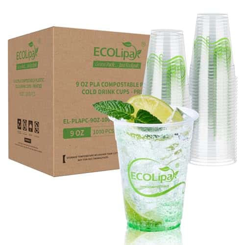 ECOLipak 1000 Count 9 OZ Clear Compostable Plastic Cups, Disposable Plant-Based Biodegradable Drinking Party Cups, PLA Plastic Cold Tumblers for Restaurant, Office, Canteen, Large Gathering