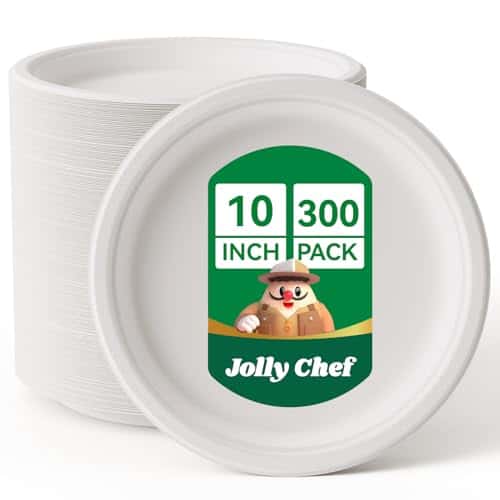 JOLLY CHEF Compostable Heavy Duty Plates 𝟭𝟬 𝗜𝗻𝗰𝗵 [𝟯𝟬𝟬 𝗣𝗮𝗰𝗸] Eco-Friendly Disposable White Paper Plates Made of Bagasse Biodegradable Bulk for Party Dinner Sugarcane Fibers Round 300 Count