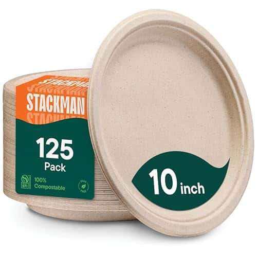 Paper Plates, 100% Compostable Heavy Duty Disposable 10 Inch Plate - [125-Pack] - {PFAS-Free} - {BPI Certified} Eco-Friendly, Biodegradable Bagasse