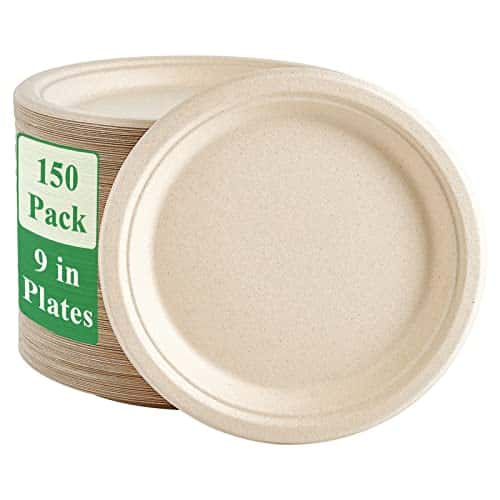Vplus 150 Pack Paper Plates 9 inch 100% Compostable, Heavy-Duty Disposable Paper Plates Bagasse Natural Biodegradable Eco-Friendly Sugarcane
