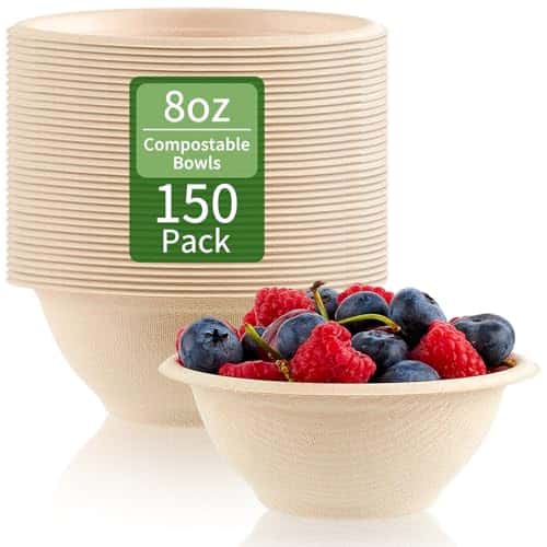 ZORRITA 150 Pack 8 oz Compostable Paper Bowls Small Disposable Soup Bowls Natural Sugarcane Biodegradable Bowls for Ice Cream, Desserts, Salads, Pet Food