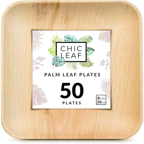 Chic Leaf Disposable Palm Leaf Plates - 50 Count, 8" Square, Natural - Bamboo Plates Disposable, Biodegradable & Compostable - Microwave Safe & Heavy Duty - Event & Party Supplies - Wedding Decor