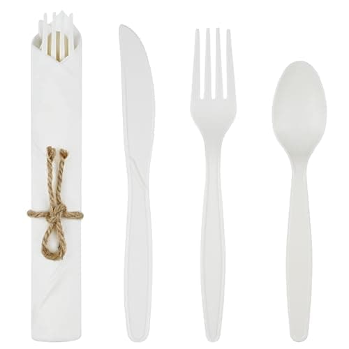 Pre Rolled Napkin Cutlery Set - Compostable Utensils 8" Large Disposable Utensils Wrapped Forks Knives Spoons Napkins Cornstarch Biodegradable Silverware Cutlery for Party (100) 1