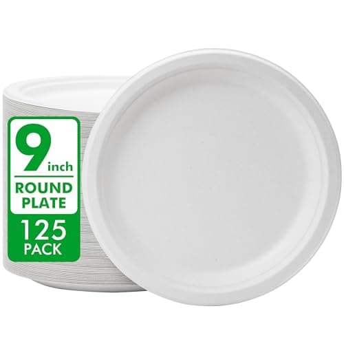 RACETOP Disposable Compostable Paper Plates 9 Inch [125 Pack], White Bagasse, Heavy-Duty Biodegradable Paper Plates, Eco-Friendly, Made of Natural Sugarcane Fibers 1