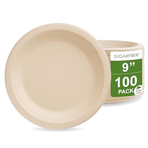[100 COUNT]Harvest Pack PFAS FREE 9-inch Round Disposable Compostable Paper Plates, Heavy-Duty Natural Bagasse Biodegradable Dinner Plate, Large plate, From Eco-Friendly Sugarcane Plant Fibers
