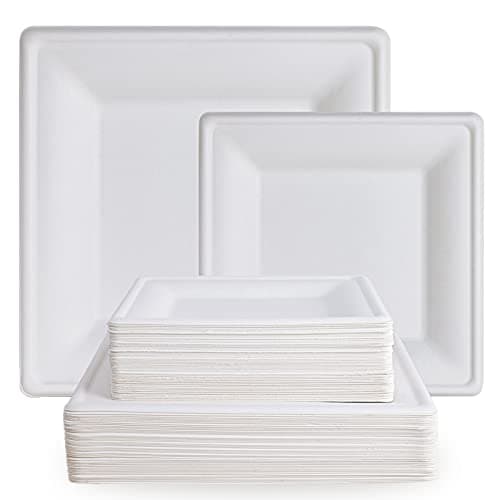 ECOLipak 120 Pack Compostable Paper Plates, 10 inch and 8 inch Heavy Duty Eco friendly Sugarcane Biodegradable Disposable Square Plates for Party Dinner Birthday 1