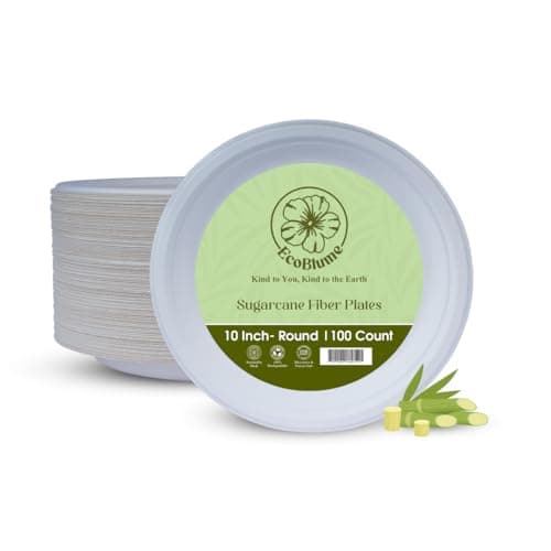 100 Pack 10" Sugarcane Fiber Round Plates by ecoBlume – Eco-Friendly Compostable Disposable Plates for Parties, Gatherings, Catering, picnic, Wedding, BBQs, and Events
