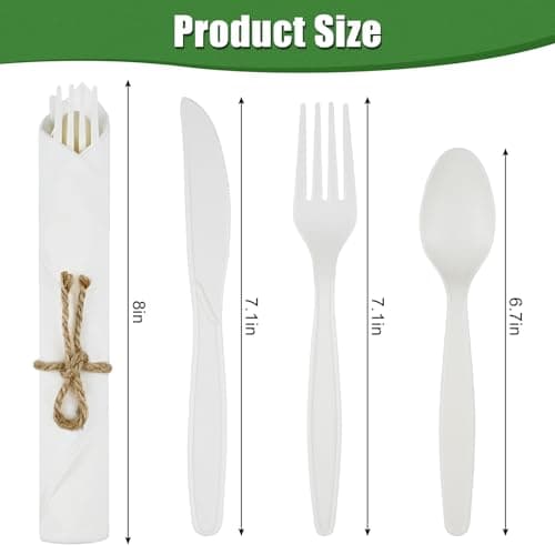 Pre Rolled Napkin Cutlery Set - Compostable Utensils 8" Large Disposable Utensils Wrapped Forks Knives Spoons Napkins Cornstarch Biodegradable Silverware Cutlery for Party (100) 3