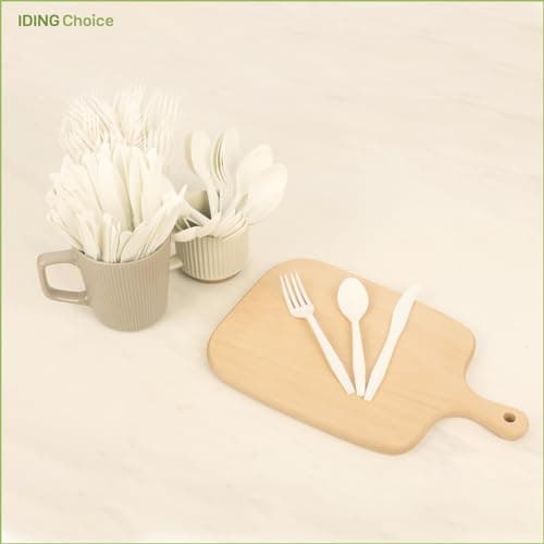 IDING Choice 380 Count Heavy Duty Compostable Cutlery Set 140 plastic forks 120 spoons 120 knives eco-friendly no plastic silverware compostable utensils for Weddings, Parties, Office, Camping, Picnic 8