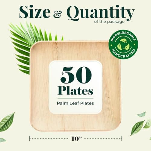 Palm Leaf Plates 10 Inch Bamboo Paper Disposable 50 Bulk Dinner Square Party Plates Event Tableware Eco Biodegradable Compostable Wooden Plate Best Alternative to Plastic Plate, By KoalaLove 5