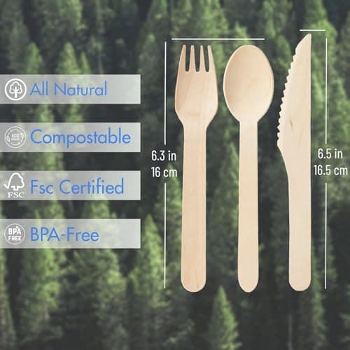 Compostable Wooden Utensils Set - 500 Pieces Disposable Wood Cutlery (200 Spoons, 200 Forks,100 Knives)-Bamboo Utensils And Plastic Silverware Alternative, Heavy Duty Utensils For Party 3