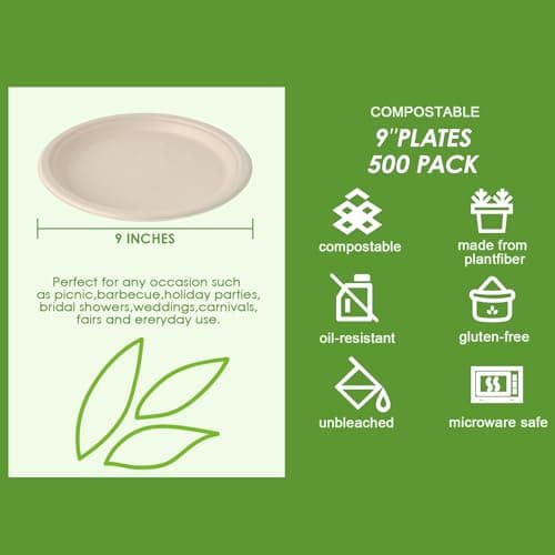 Vplus 500 Pack Paper Plates 9 inch 100% Compostable, Heavy-Duty Disposable Paper Plates Bagasse Natural Biodegradable Eco-Friendly Sugarcane(Nature) 3