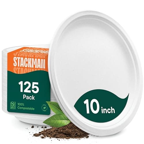Stack Man 100% Compostable Paper Plates 10 Inch Heavy-Duty [125-Pack] Eco-Friendly White Bagasse Disposable Dinner Plates From Natural Sugarcane - 10" Biodegradable Plate (BPI-Certified) (PFAS-Free) 1
