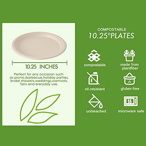 Vplus 150 Pack Compostable Disposable Paper Plates 10 inch Super Strong 100% Bagasse Natural Biodegradable Eco-Friendly Sugarcane Plates(nature) 3