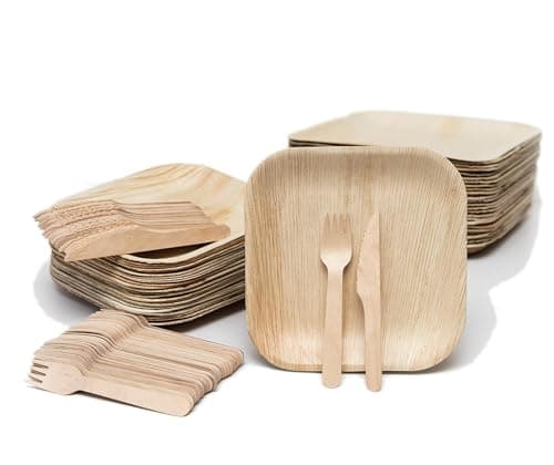 EVERMADEGREEN Bamboo Plates with Cutlery - Set of 50 Plates (8in) + 50 Forks + 50 Knives | Biodegradable Palm Leaf Plates | Disposable Dinner Plates | Rustic Dinnerware for Christmas, Wedding, Party