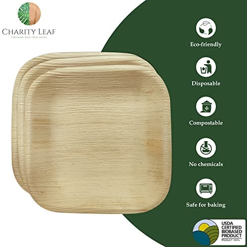 Charity Leaf Disposable Palm Leaf 6" Square Plates (50 pieces) Bamboo Like Serving Platters, Disposable Boards, Eco-Friendly Dinnerware For Weddings, Catering, Events 2