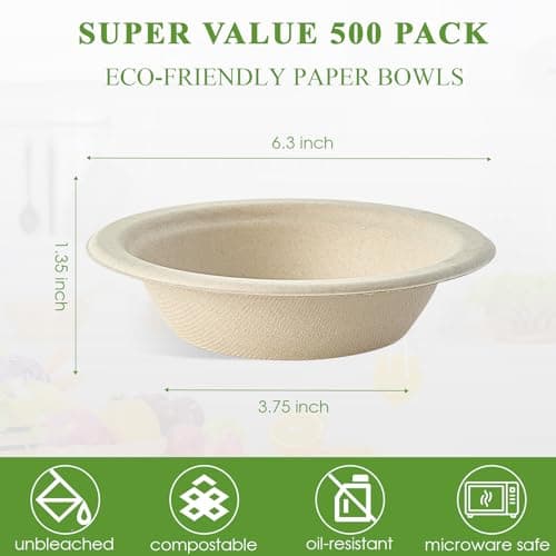 Vplus 500 Pack 12 OZ Paper Bowls Bulk, Disposable Compostable, Eco-friendly Bagasse, Heavy-duty Bowls Perfect for Milk Cereals, Snacks, Salads Nature 3