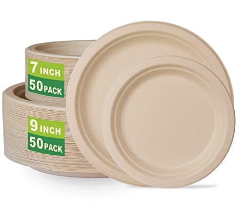 GreenWorks Compostable Plates Combo Pack - 100 Count Unbleached Disposable Paper Plates, 7 inch and 9 inch, 50 Each, Made from Bagasse and Bamboo Fiber, Heavyweight and Durable"