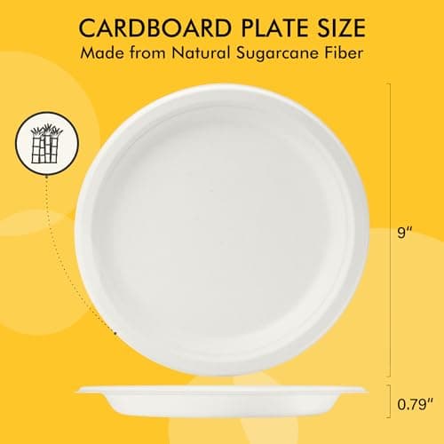 RACETOP Disposable Compostable Paper Plates 9 Inch [125 Pack], White Bagasse, Heavy-Duty Biodegradable Paper Plates, Eco-Friendly, Made of Natural Sugarcane Fibers 6