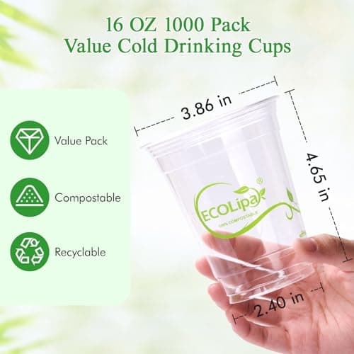 ECOLipak 1000 Count 16 OZ Clear Compostable Plastic Cups, Disposable Plant-Based Biodegradable Drinking Party Cups, PLA Plastic Cold Tumblers for Restaurant, Office, Canteen, Large Gathering 2