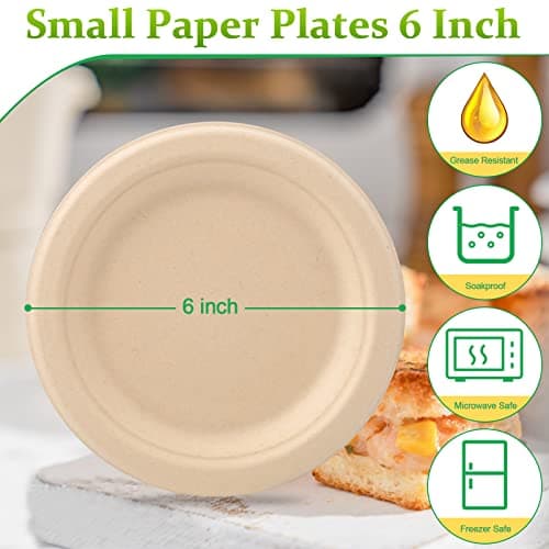 Greconv 300 Pack Small Compostable Paper Plates, 6 inch, Dessert, Brown 2