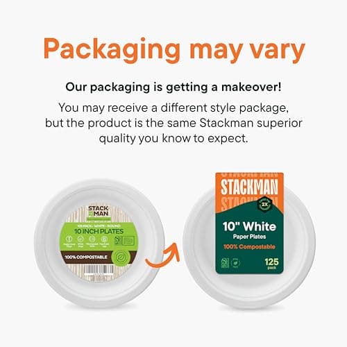 Stack Man 100% Compostable Paper Plates 10 Inch Heavy-Duty [125-Pack] Eco-Friendly White Bagasse Disposable Dinner Plates From Natural Sugarcane - 10" Biodegradable Plate (BPI-Certified) (PFAS-Free) 6