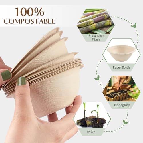 ZORRITA 150 Pack 8 oz Compostable Paper Bowls Small Disposable Soup Bowls Natural Sugarcane Biodegradable Bowls for Ice Cream, Desserts, Salads, Pet Food 4