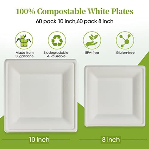 ECOLipak 120 Pack Compostable Paper Plates, 10 inch and 8 inch Heavy Duty Eco friendly Sugarcane Biodegradable Disposable Square Plates for Party Dinner Birthday 2