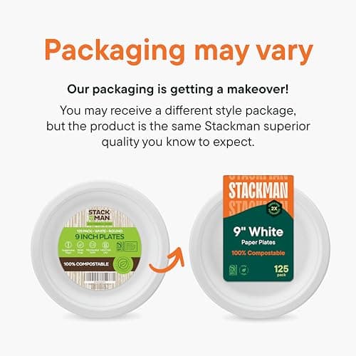 Stack Man 100% Compostable Paper Plates 9 Inch Heavy-Duty [125-Pack] Eco-Friendly White Bagasse Disposable Plates Made of Natural Sugarcane Fibers - 9" Biodegradable Plate (BPI-Certified) (PFAS-Free) 6