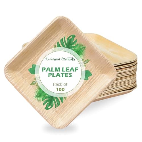 Concession Essentials 6 Inch Square Palm Leaf Dessert Plates -Bamboo Plates for Appetizers - Compostable and Eco-Friendly- Pack of 100ct 1