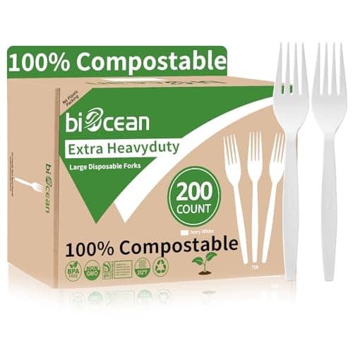 Biocean Extra Heavyduty Compostable Forks [200 Count,7In] Disposable Cutlery No Plastic Forks Large Biodegradable Utensils Eco Friendly Silverware Serving Flatware for Party,Daily Use,BBQ,Picnic