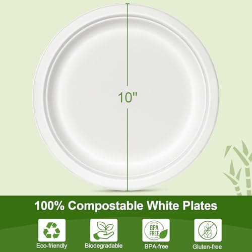 Qi Boo Heavy Duty Paper Plates 10 Inch [60 Pack - White ] Eco Friendly Compostable Dinner Plates, Biodegradable Disposable Paper Plates For Party Picnic Home Office, Sturdy Soak-proof 5