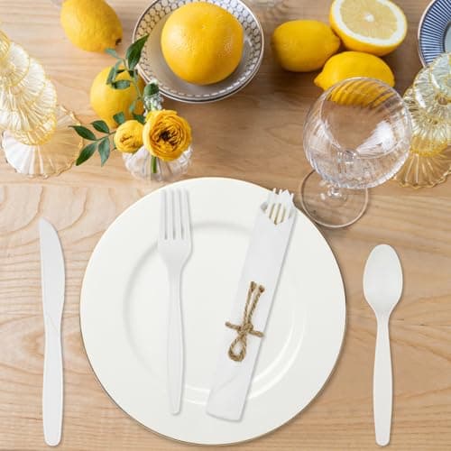 Pre Rolled Napkin Cutlery Set - Compostable Utensils 8" Large Disposable Utensils Wrapped Forks Knives Spoons Napkins Cornstarch Biodegradable Silverware Cutlery for Party (100) 2