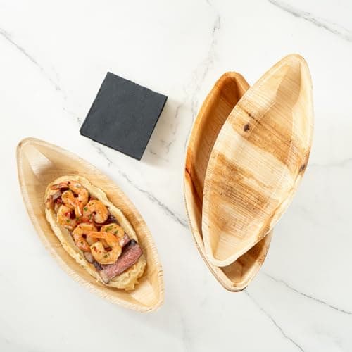 Restaurantware Indo 12 x 5 Inch Palm Leaf Plates 25 Durable Palm Plates - Disposable Boat-Shaped Design Palm Leaf Dinner Plates Impervious To Grease For Hefty Meals Appetizers Or Desserts 10