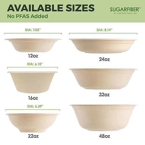 [600 Count] Harvest Pack PFAS Free 12oz Round Paper Bowls Bulk, Compostable Heavy-Duty Eco-Friendly Disposable Bagasse Bowls, Sugarcane Natural Plant fibers for Meal Prep Takeout Dinnerware 8