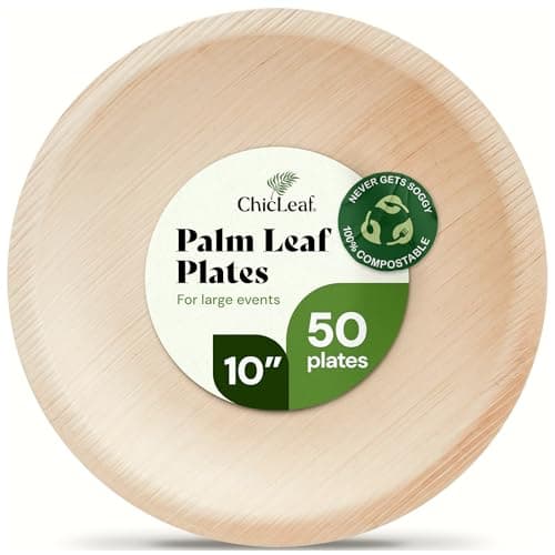 Chic Leaf Palm Leaf Plates - 10" Round - 50 Pack of 100% Compostable & Disposable Bamboo Style Plates - Heavy Duty, Sturdy Paper Alternative for Wedding Desserts, Winter Events & Corporate Catering