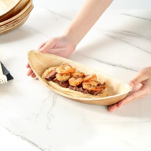 Restaurantware Indo 12 x 5 Inch Palm Leaf Plates 25 Durable Palm Plates - Disposable Boat-Shaped Design Palm Leaf Dinner Plates Impervious To Grease For Hefty Meals Appetizers Or Desserts 5