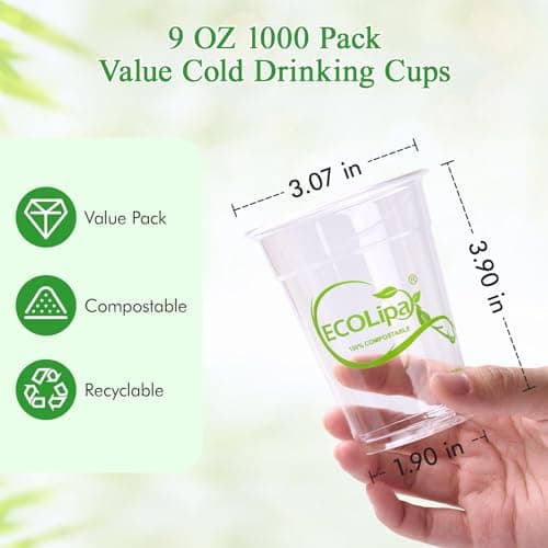 ECOLipak 1000 Count 9 OZ Clear Compostable Plastic Cups, Disposable Plant-Based Biodegradable Drinking Party Cups, PLA Plastic Cold Tumblers for Restaurant, Office, Canteen, Large Gathering 2