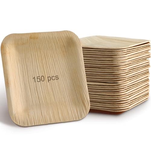 Didaey 150 Pieces 4 Inch Palm Leaf Square Bamboo Plates Disposable Wood Dinnerware Set Leaf Plates for Weddings Catering Events Birthday Summer Party