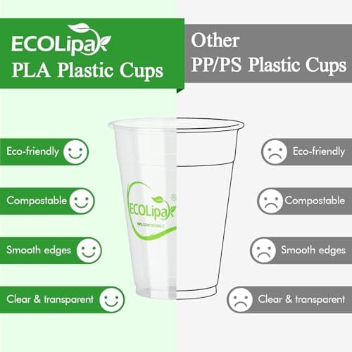 ECOLipak 1000 Count 9 OZ Clear Compostable Plastic Cups, Disposable Plant-Based Biodegradable Drinking Party Cups, PLA Plastic Cold Tumblers for Restaurant, Office, Canteen, Large Gathering 4